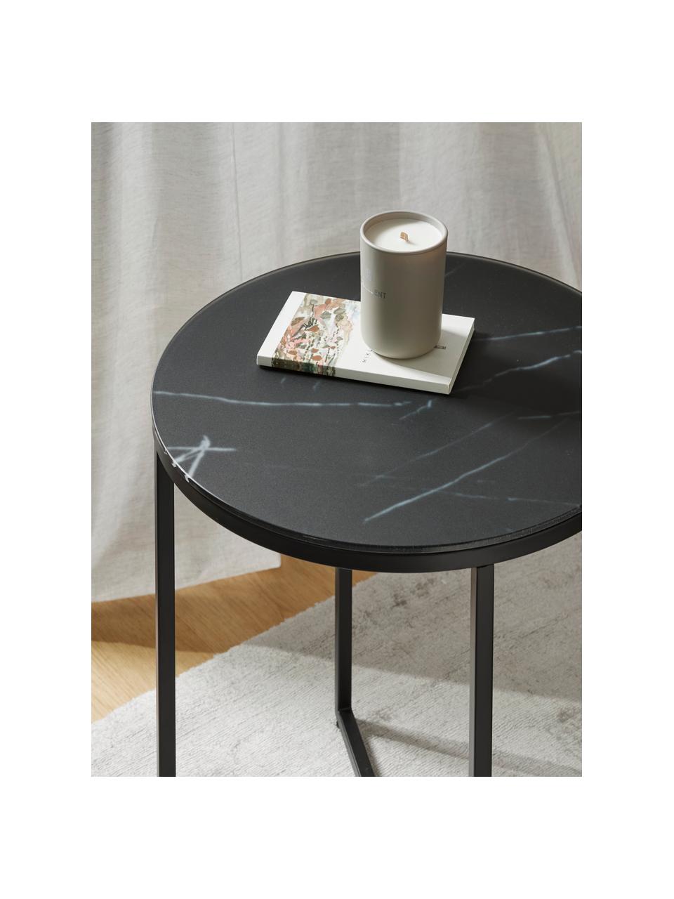 Table d'appoint ronde avec plateau en verre aspect marbre Antigua, Noir aspect marbre, Ø 45 x haut. 50 cm