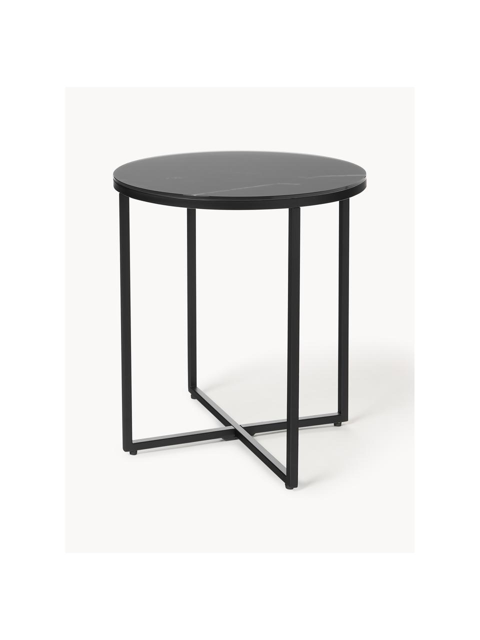 Mesa auxiliar redonda con tablero de vidrio en look mármol Antigua, Tablero: vidrio estampado con aspe, Estructura: acero con pintura en polv, Aspecto mármol negro, negro mate, Ø 45 x Al 50 cm