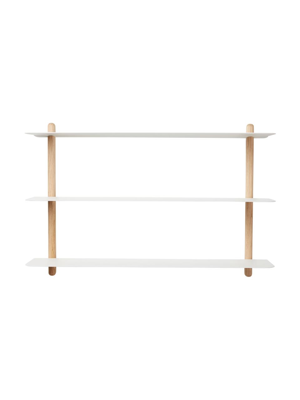 Estante de pared Nivo, Estantes: acero recubierto, Estructura: madera de roble, Madera de roble, blanco, An 64 x Al 42 cm