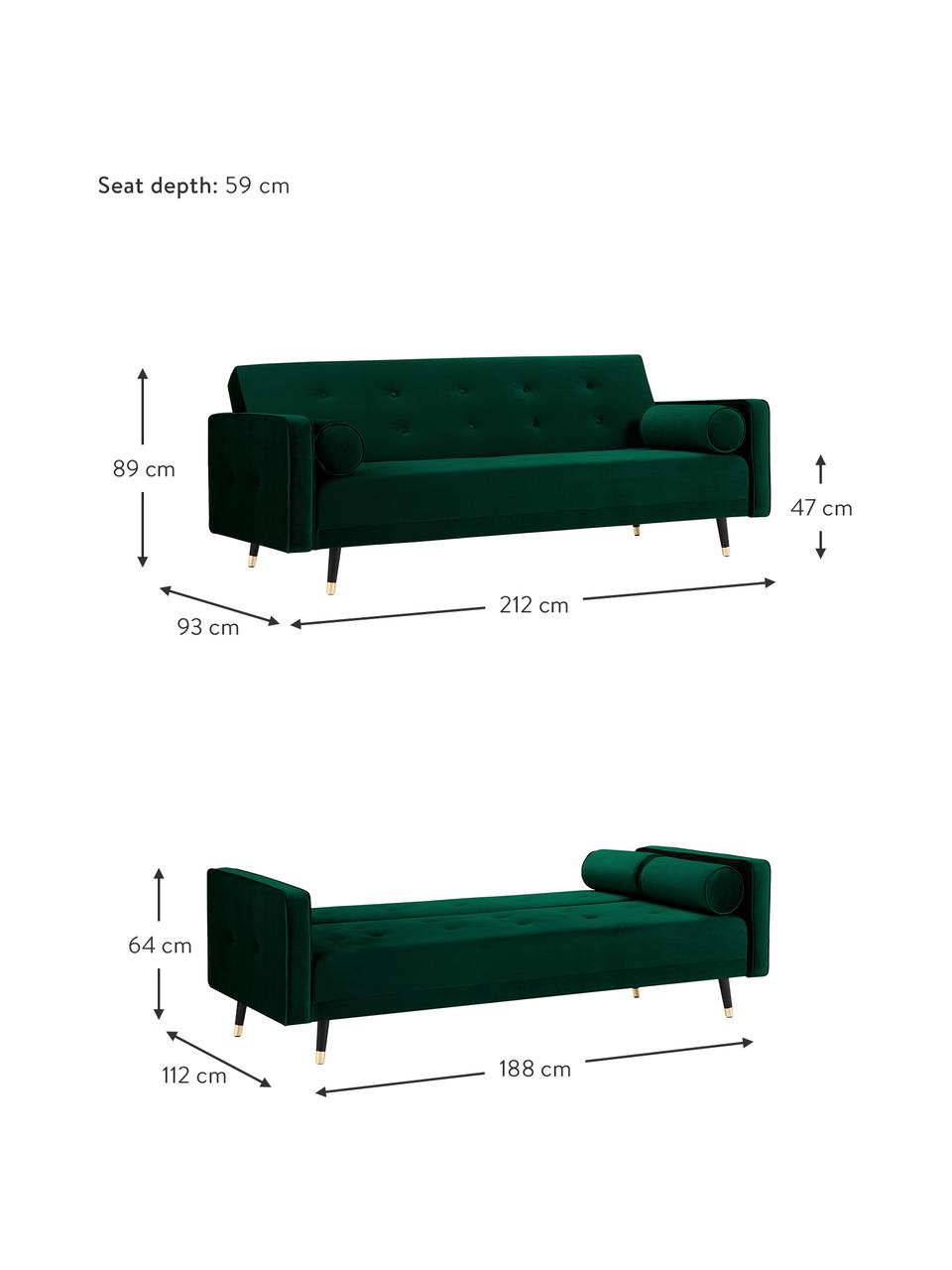 Divano letto 3 posti in velluto Gia, Rivestimento: velluto di poliestere Con, Struttura: legno di pino massiccio, Piedini: legno di faggio laccato, Velluto verde scuro, Larg. 212 x Prof. 93 cm