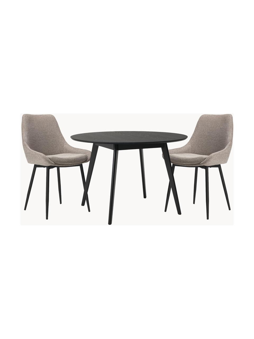 Table ronde avec chaises rembourrées Yumi, 3 élém., Bois, noir laqué, tissu beige, Lot de différentes tailles