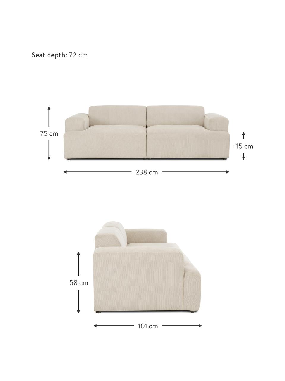 Sofa ze sztruksu Melva (3-osobowa), Tapicerka: sztruks (92% poliester, 8, Stelaż: lite drewno sosnowe, cert, Nogi: tworzywo sztuczne, Beżowy sztruks, S 238 x G 101 cm