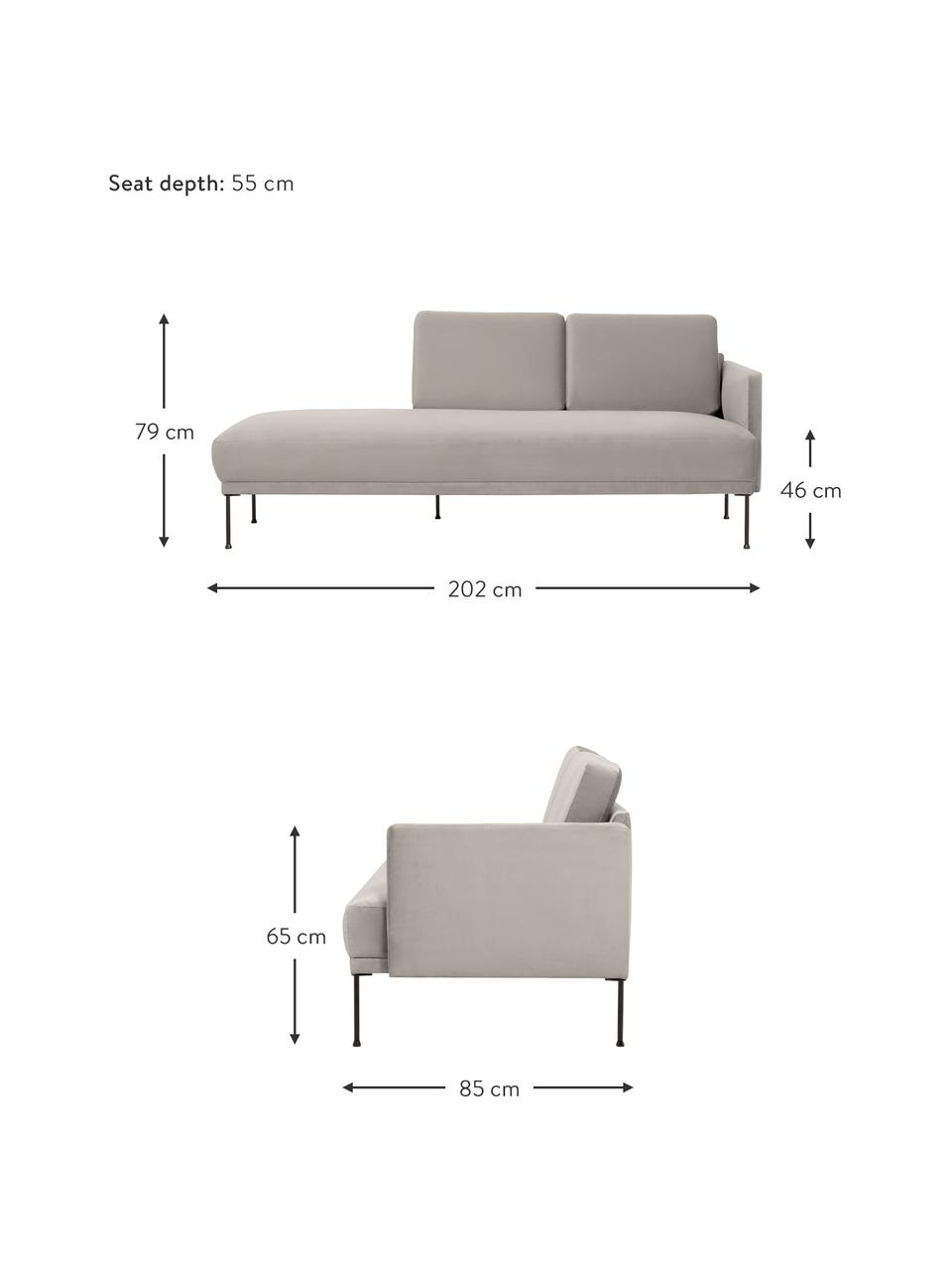 Chaise longue in velluto con piedini in metallo Fluente, Rivestimento: velluto (copertura in pol, Struttura: legno di pino massiccio, , Piedini: metallo verniciato a polv, Velluto beige, Larg. 202 x Prof. 85 cm, schienale a sinistra