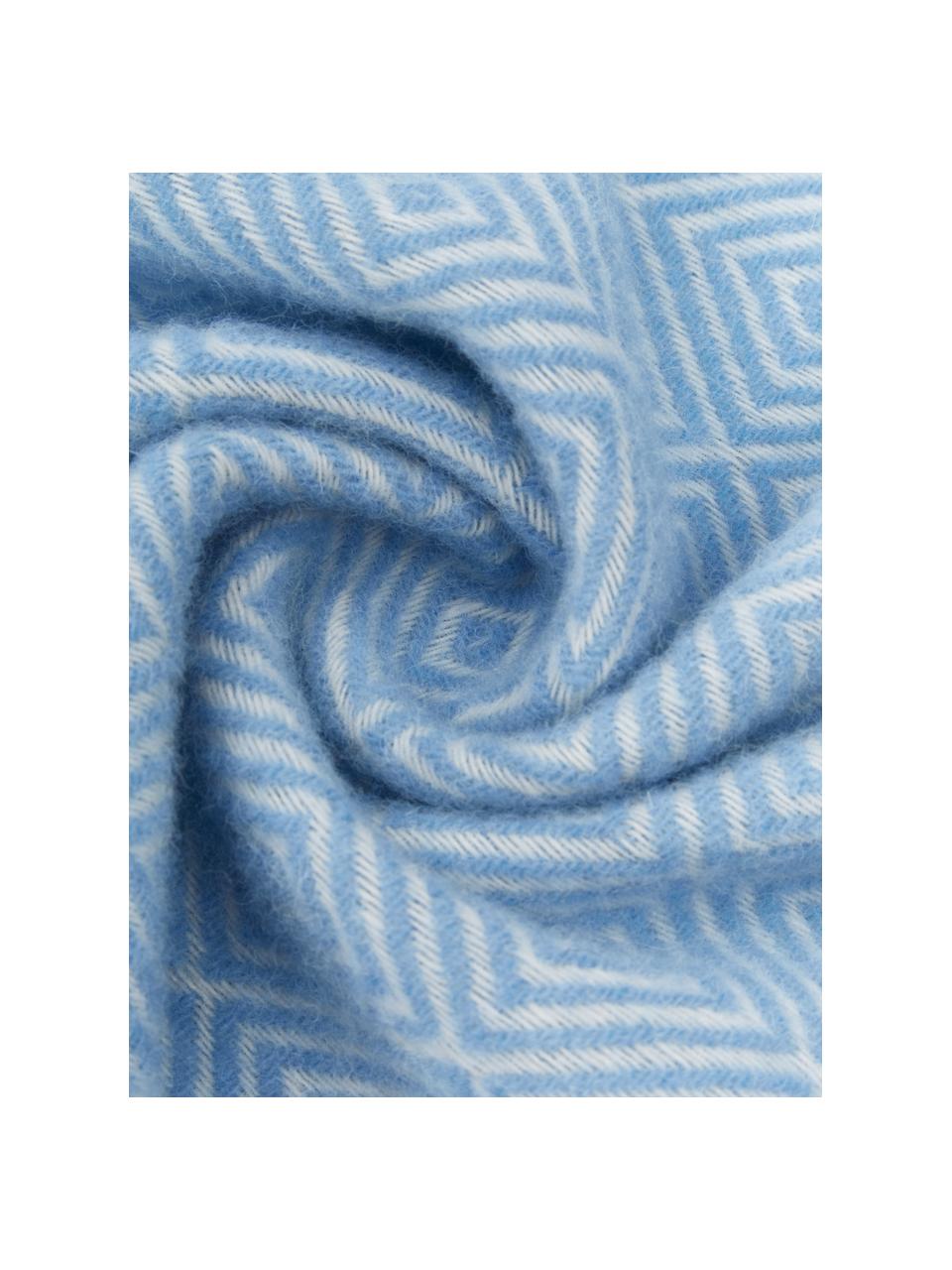 Coperta in lana color azzurro con motivo grafico e frange Triol-Viktor, 100% lana, Azzurro, bianco, Larg. 140 x Lung. 200 cm