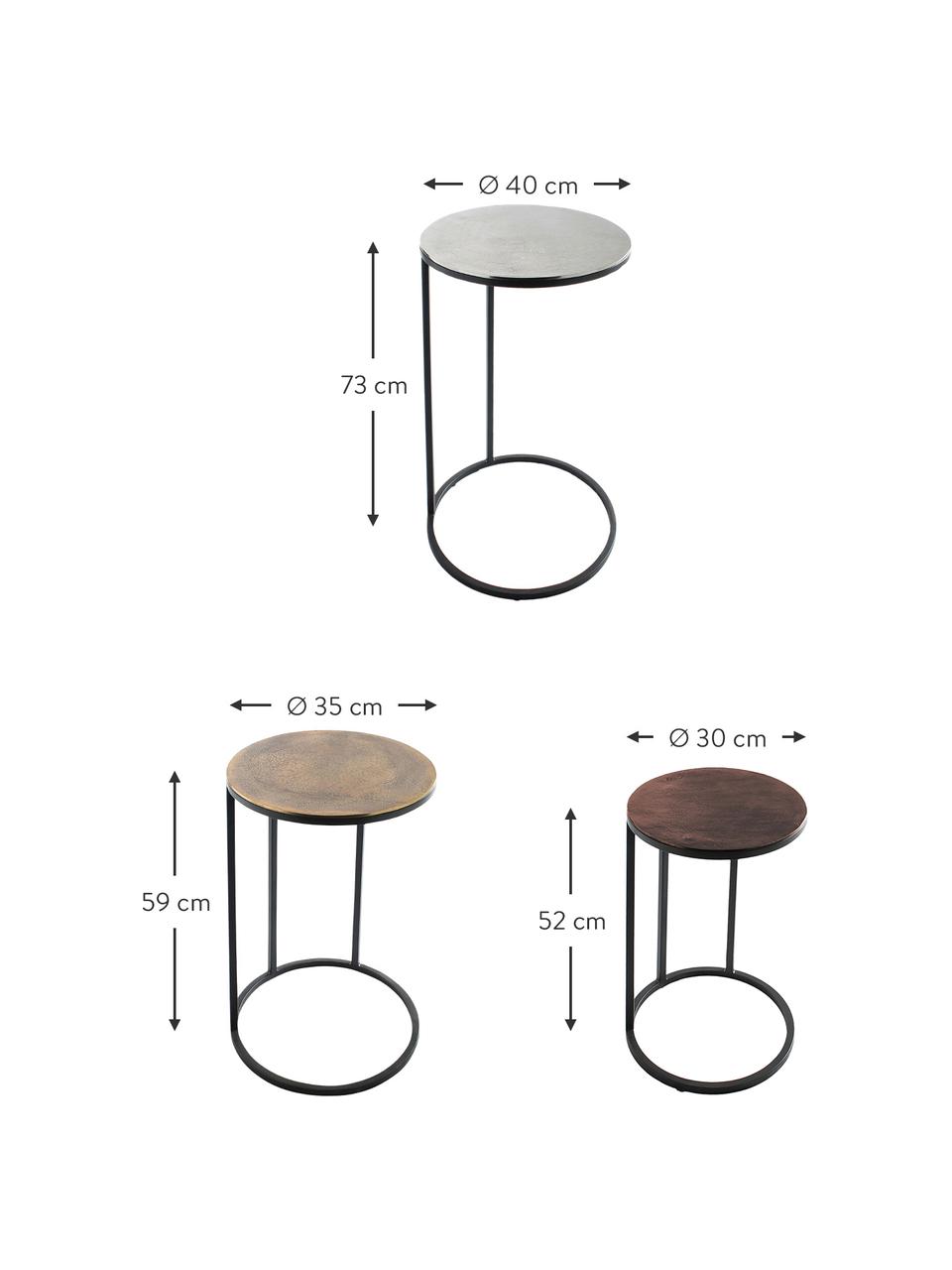 Set de mesas auxiliares Calvin, 3 uds., Tablero: aluminio, recubierto, Estructura: metal pintado, Plata, latón, cobre, Set de diferentes tamaños