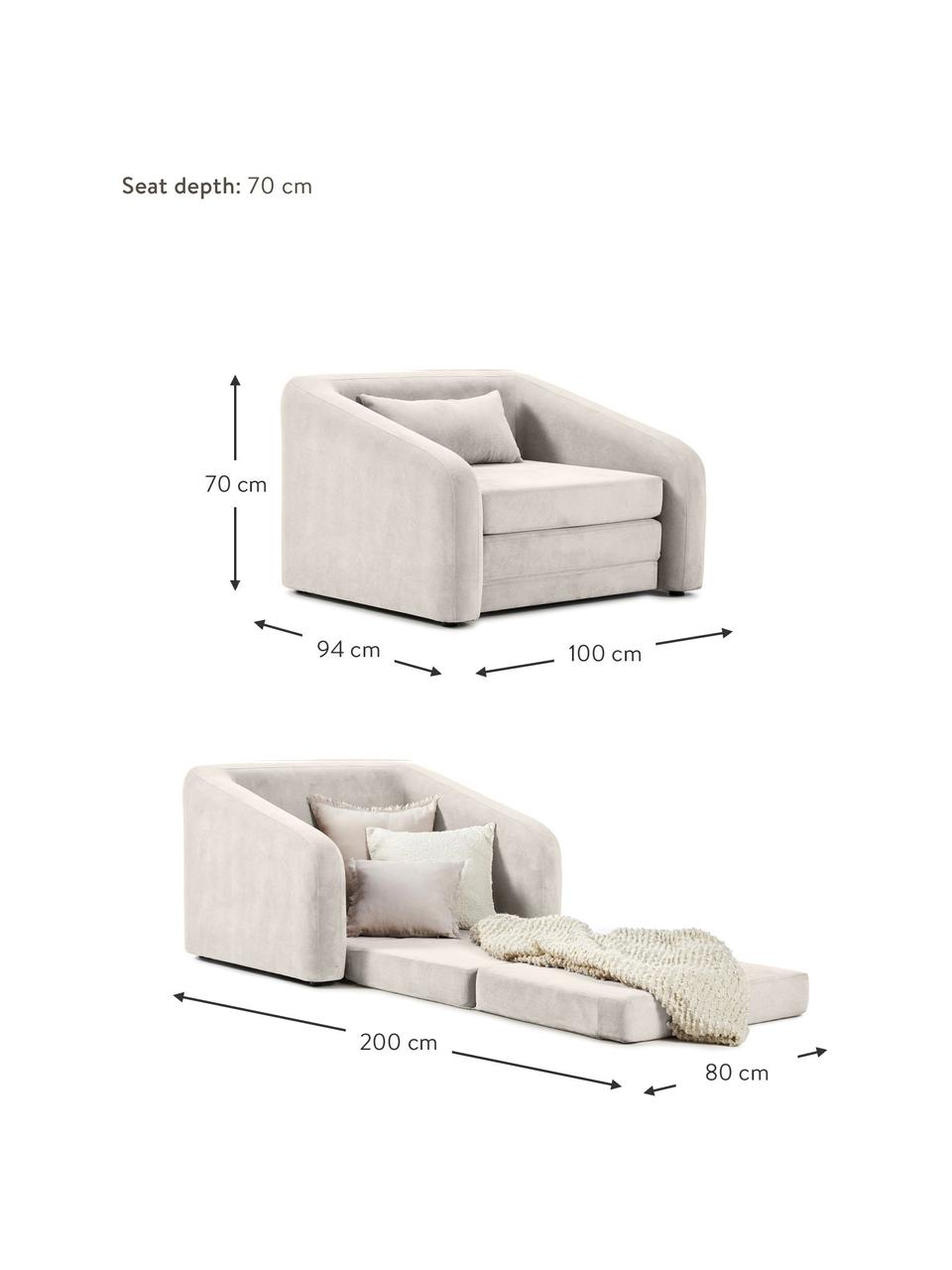Fotel rozkładany Eliot, Tapicerka: 88% poliester, 12% nylon , Nogi: tworzywo sztuczne, Jasnoszara tkanina, S 100 x W 70 cm