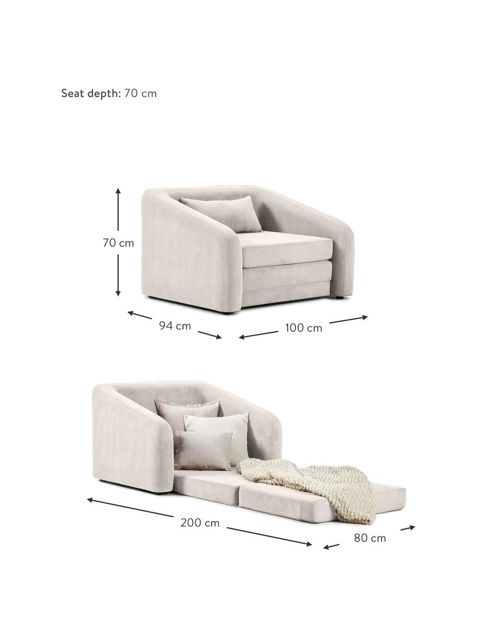 Rozkládací křeslo Eliot, Světle šedá, Š 100 cm, V 70 cm