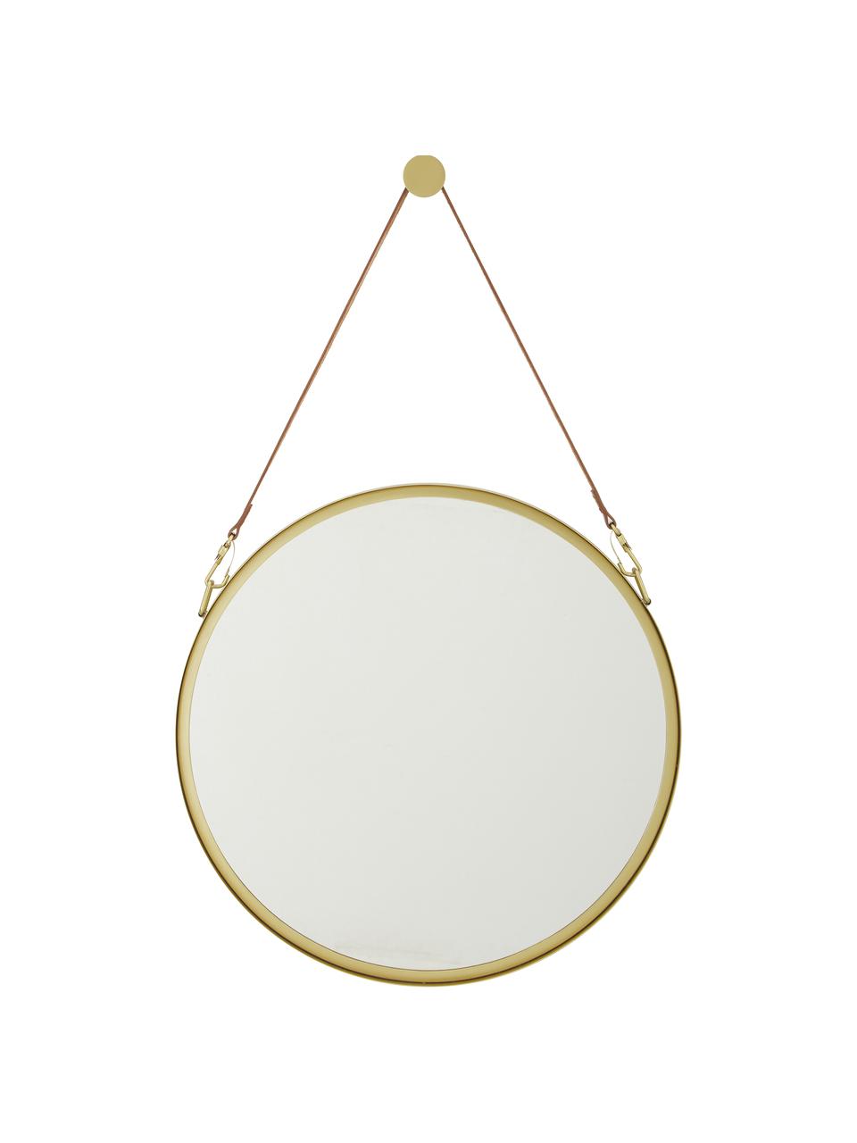 Espejo de pared redondo Liz, con correa de cuero, Espejo: cristal, Parte trasera: tablero de fibras de dens, Dorado, Ø 40 cm