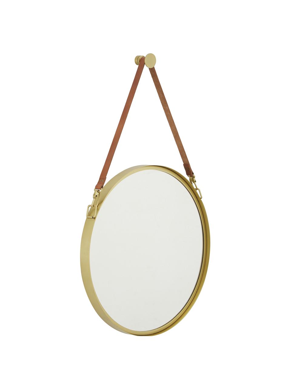Espejo de pared redondo Liz, con correa de cuero, Espejo: cristal, Parte trasera: tablero de fibras de dens, Dorado, Ø 40 cm