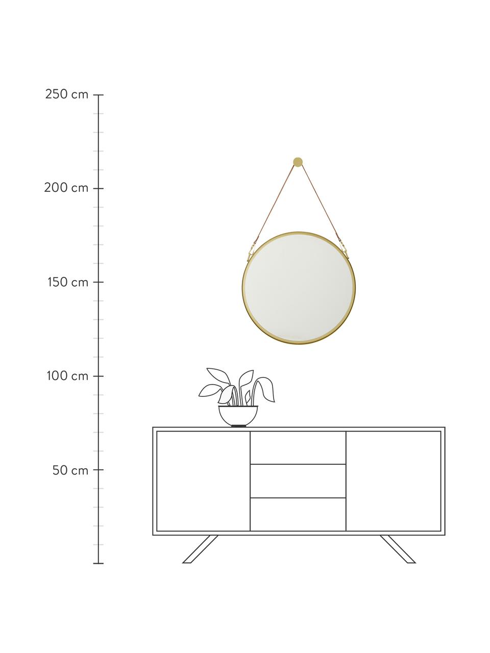 Runder Wandspiegel Liz mit brauner Lederschlaufe, Spiegelfläche: Spiegelglas, Rückseite: Mitteldichte Holzfaserpla, Gold, Ø 40 cm