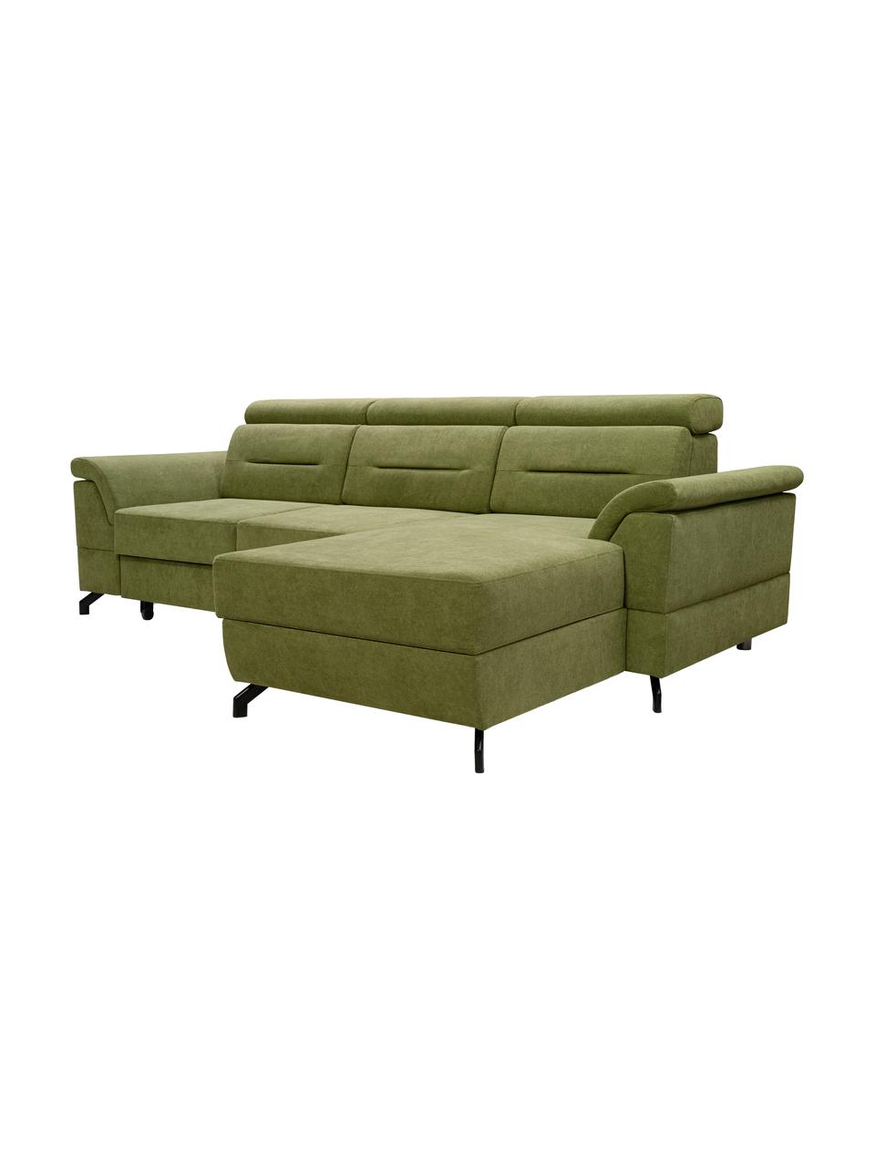 Divano letto angolare in tessuto verde con contenitore Missouri, Rivestimento: 100% poliestere, Verde, Larg. 259 x Prof. 164 cm