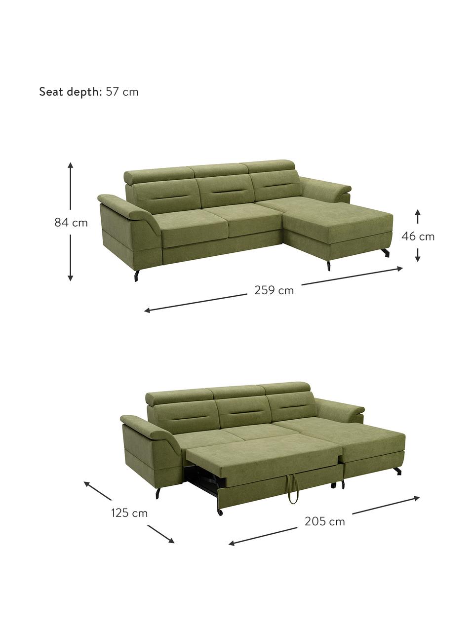 Divano letto angolare in tessuto verde con contenitore Missouri, Rivestimento: 100% poliestere, Verde, Larg. 259 x Prof. 164 cm