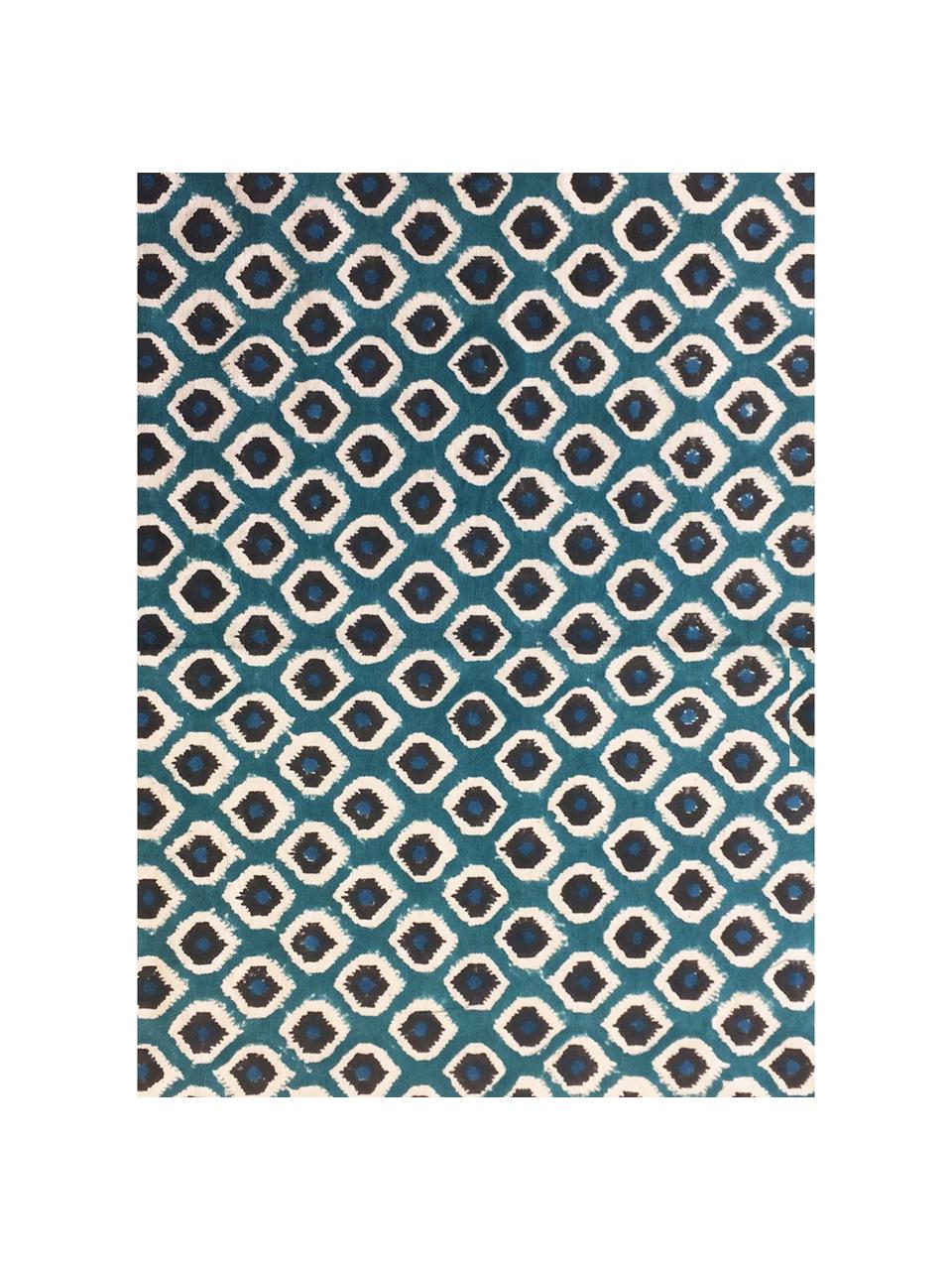 Nappe en coton imprimée à la main Sarp, 100% coton, Bleu pétrole, noir, blanc cassé, 4-6 personnes (long. 150 x larg. 250 cm)