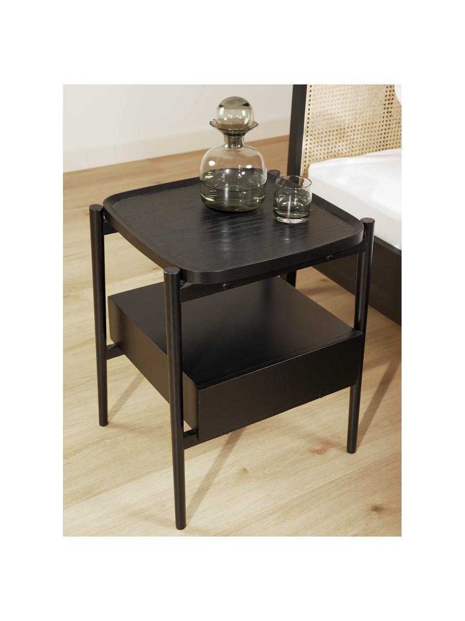 Nachttisch Libby mit Schublade aus Eichenholz, schwarz, Ablagefläche: Mitteldichte Holzfaserpla, Schwarz, B 49 x H 60 cm