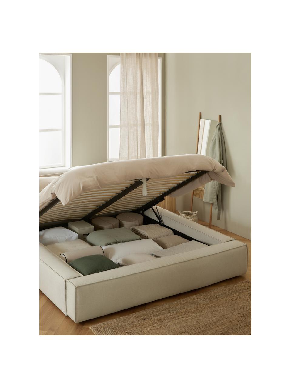 Letto imbottito con contenitore Lennon, Rivestimento: 100% poliestere Il rivest, Struttura: legno di pino massiccio c, Piedini: legno certificato FSC, pl, Tessuto beige, Larg. 140 x Lung. 200 cm