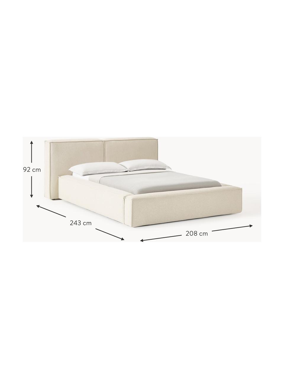 Letto imbottito con contenitore Lennon, Rivestimento: 100% poliestere Il rivest, Struttura: legno di pino massiccio, , Piedini: legno, plastica Questo pr, Tessuto bianco latte, Larg. 208 x Lung. 243 cm (superfice 140 x 200 cm)