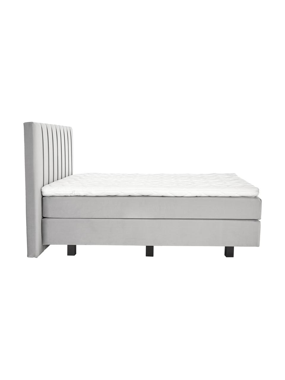 Premium Samt-Boxspringbett Lacey in Hellgrau, Matratze: 7-Zonen-Taschenfederkern , Füße: Massives Buchenholz, lack, Samt Hellgrau, 160 x 200 cm