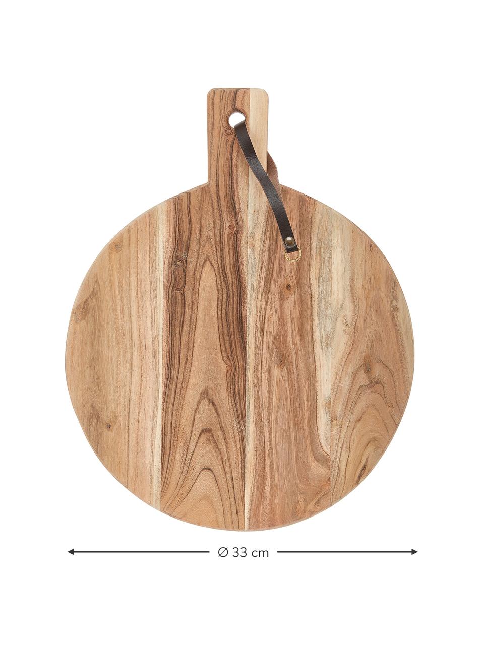 Doska na krájanie z akáciového dreva s koženým pútkom Acacia, rôzne veľkosti, Svetlé drevo, Ø 33 cm