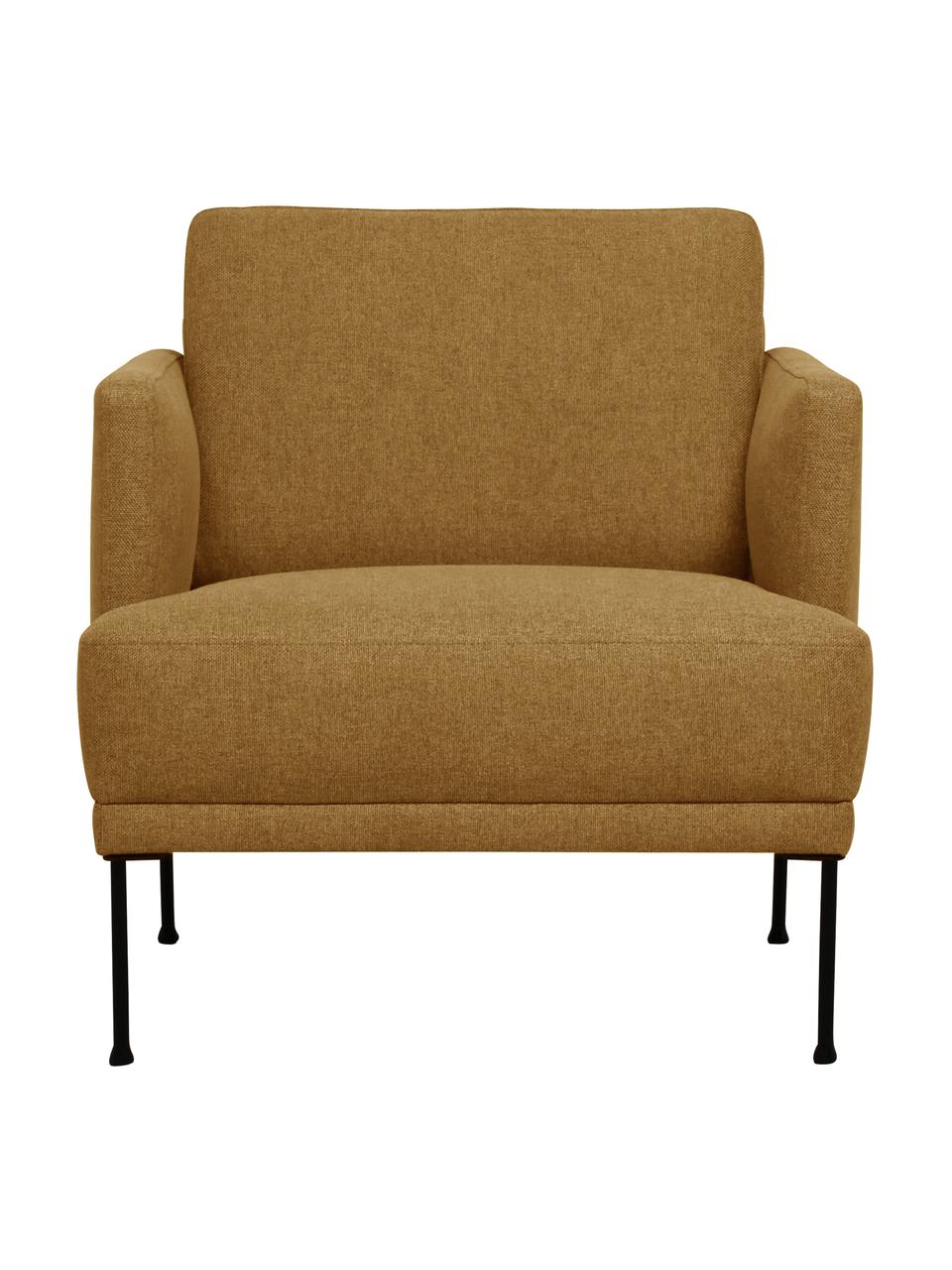 Sillón Fluente, Tapizado: 100% poliéster Alta resis, Estructura: madera de pino maciza, Patas: metal con pintura en polv, Tejido ocre, An 74 x F 85 cm