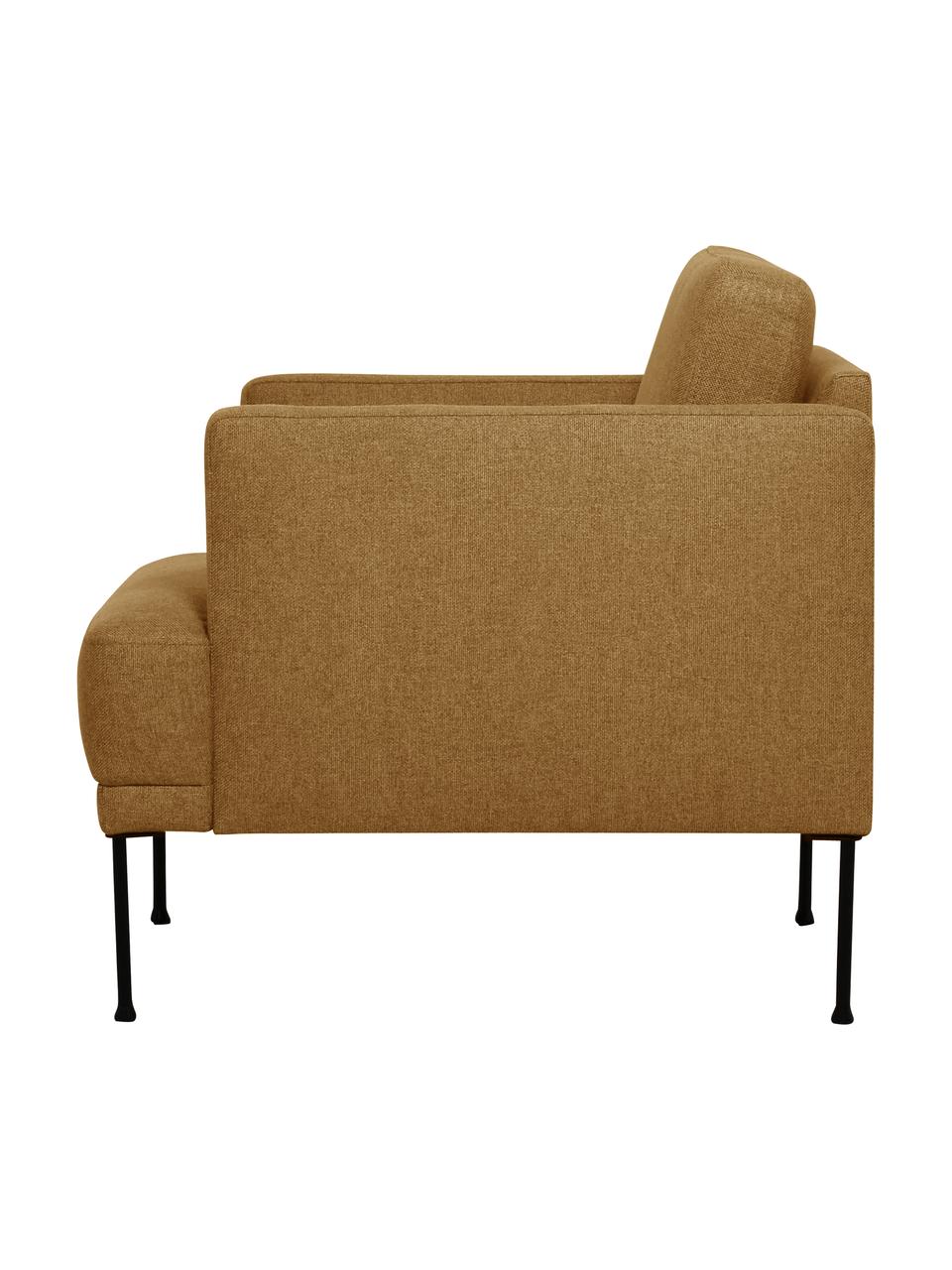 Poltrona con gambe in metallo Fluente, Rivestimento: 100% poliestere Con 115.0, Struttura: legno di pino massiccio, , Gambe: metallo verniciato a polv, Tessuto giallo ocra, Larg. 74 x Prof. 85 cm