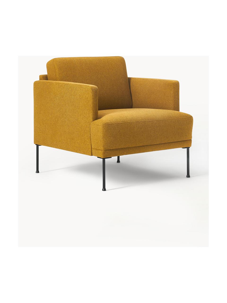 Poltrona con gambe in metallo Fluente, Rivestimento: 100% poliestere Con 115.0, Struttura: legno di pino massiccio, , Gambe: metallo verniciato a polv, Tessuto ocra, Larg. 74 x Prof. 85 cm