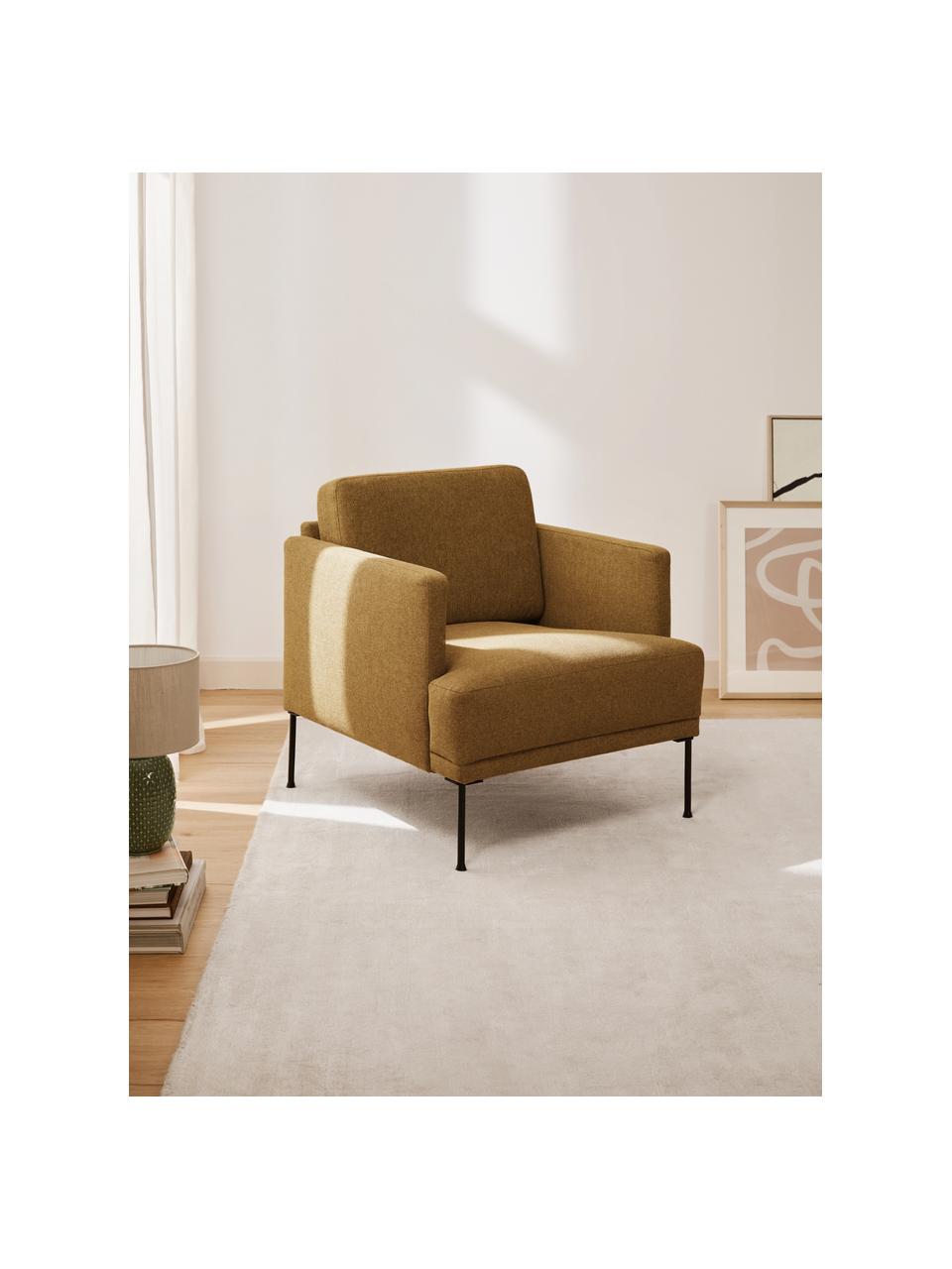 Fauteuil Fluente, Bekleding: 100% polyester De slijtva, Frame: massief grenenhout, Poten: gepoedercoat metaal Dit p, Geweven stof okergeel, B 74 x D 85 cm