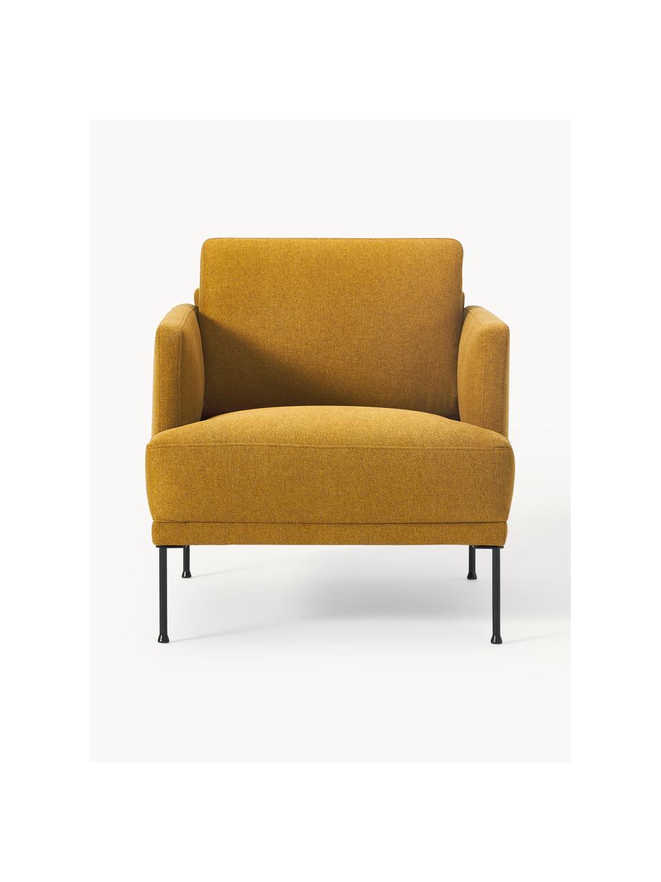 Fauteuil Fluente, Bekleding: 100% polyester De slijtva, Frame: massief grenenhout, Poten: gepoedercoat metaal Dit p, Geweven stof okergeel, B 74 x D 85 cm