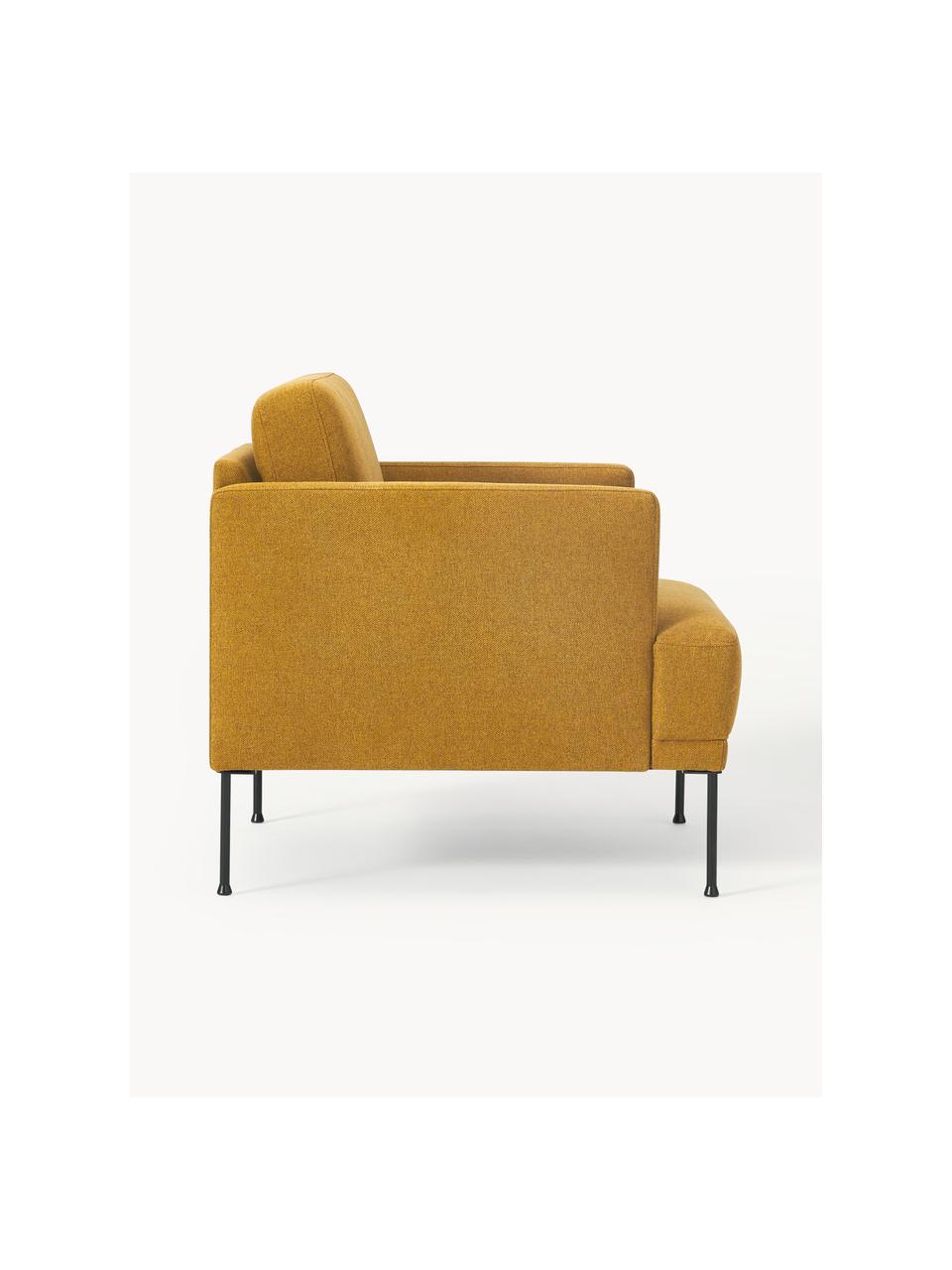 Poltrona con gambe in metallo Fluente, Rivestimento: 100% poliestere Con 115.0, Struttura: legno di pino massiccio, , Gambe: metallo verniciato a polv, Tessuto ocra, Larg. 74 x Prof. 85 cm