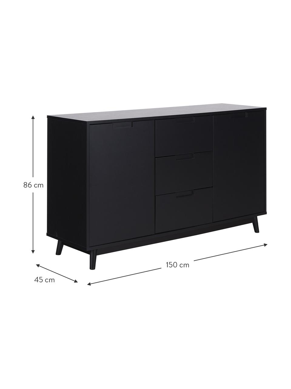 Sideboard Copenhagen mit Schubladen in Schwarz, Korpus: Mitteldichte Holzfaserpla, Schwarz, 150 x 86 cm