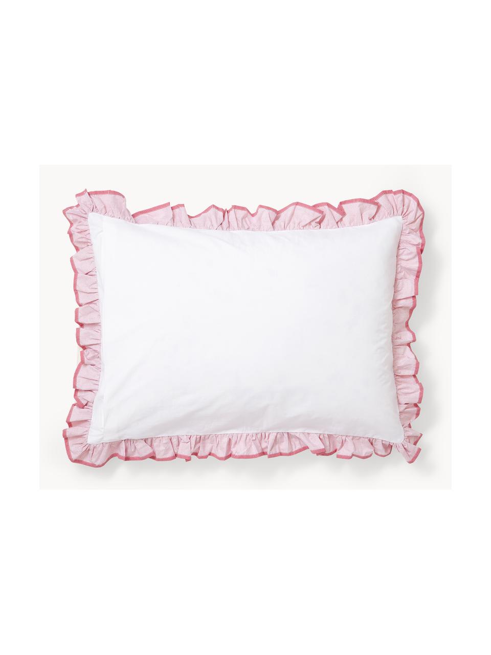 Funda de almohada de percal bordada con volantes Dina, Blanco, rojo, An 50 x L 70 cm