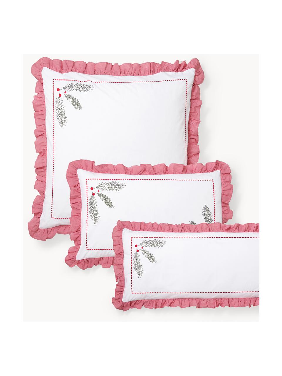 Funda de almohada de percal bordada con volantes Dina, Blanco, rojo, An 50 x L 70 cm