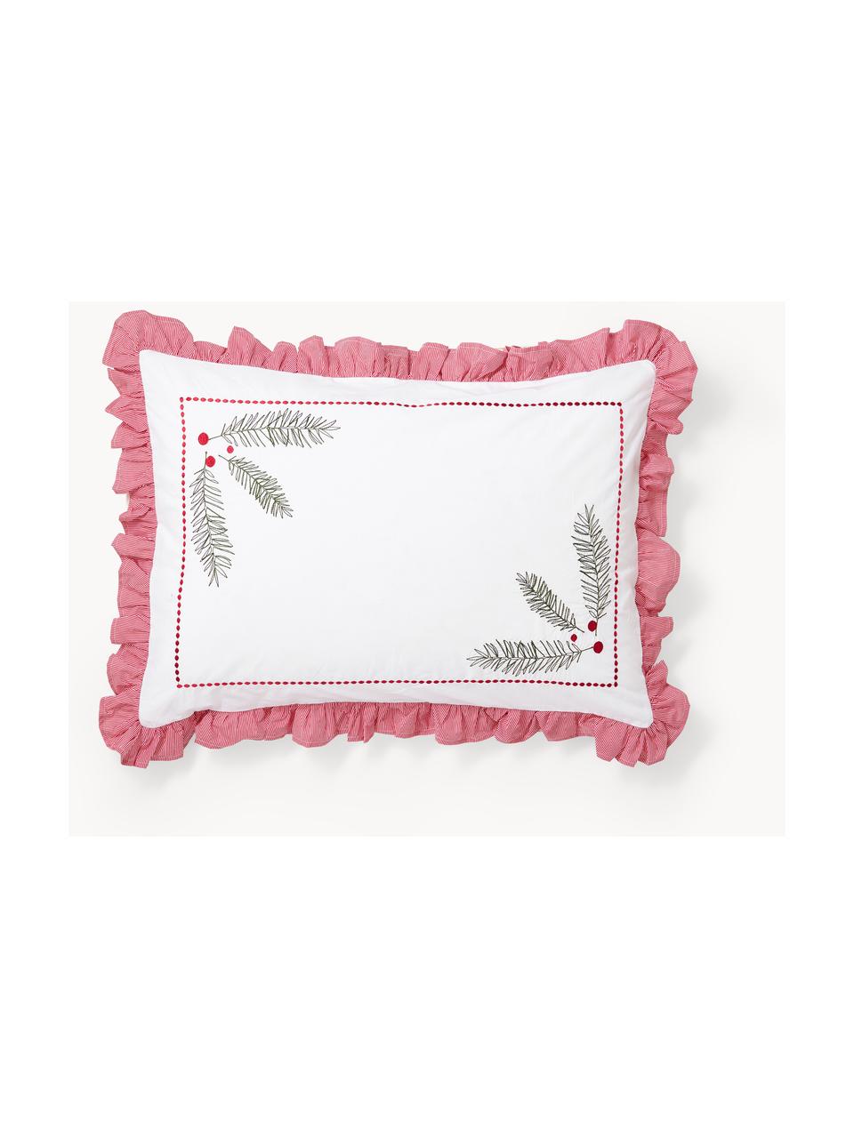 Funda de almohada de percal bordada con volantes Dina, Blanco, rojo, An 50 x L 70 cm