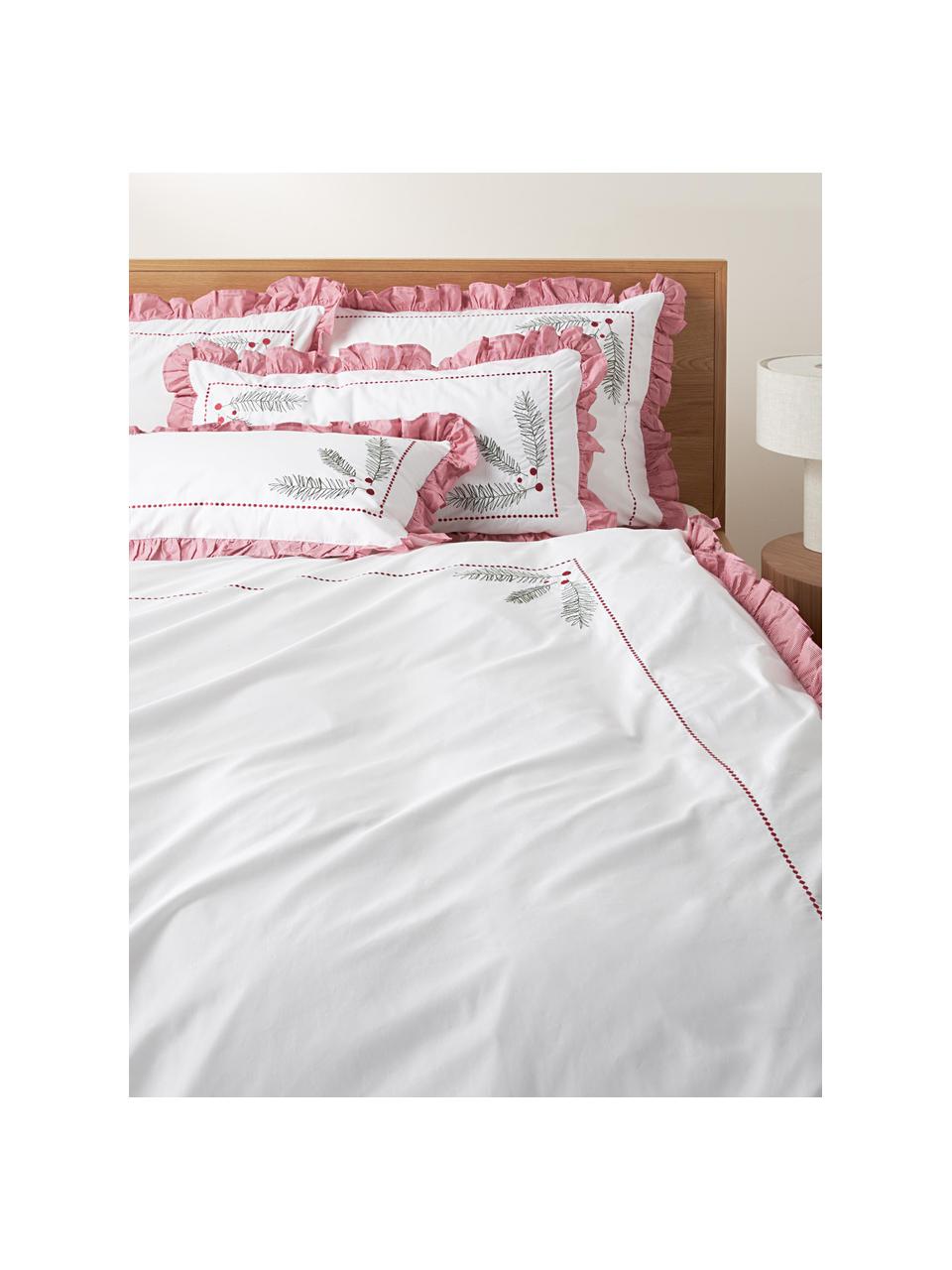 Funda de almohada de percal bordada con volantes Dina, Blanco, rojo, An 50 x L 70 cm