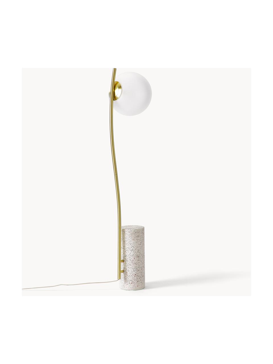 Kleine vloerlamp Cora met terrazzo voet, Lampenkap: glas, Frame: gecoat staal, Lampvoet: terrazzo, Wit, goudkleurig, terrazzo look, H 127 cm