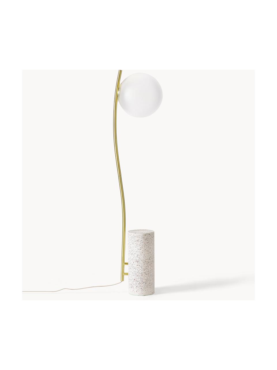 Kleine vloerlamp Cora met terrazzo voet, Lampenkap: glas, Frame: gecoat staal, Lampvoet: terrazzo, Wit, goudkleurig, terrazzo look, H 127 cm