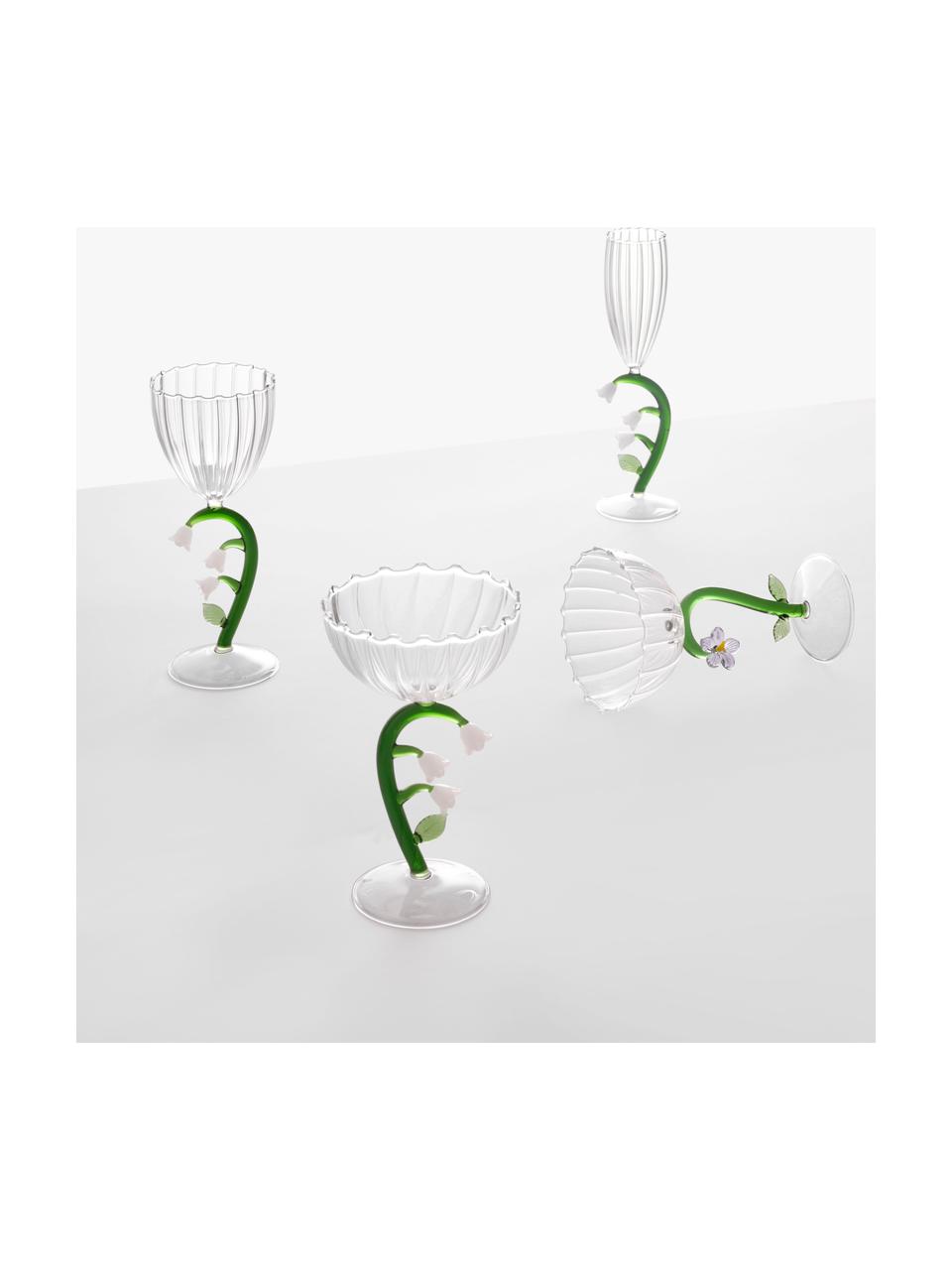 Handgefertigte Champagnerschale Botanica, Borosilikatglas, Transparent, Grün, Weiß, Ø 11 x H 18 cm, 280 ml