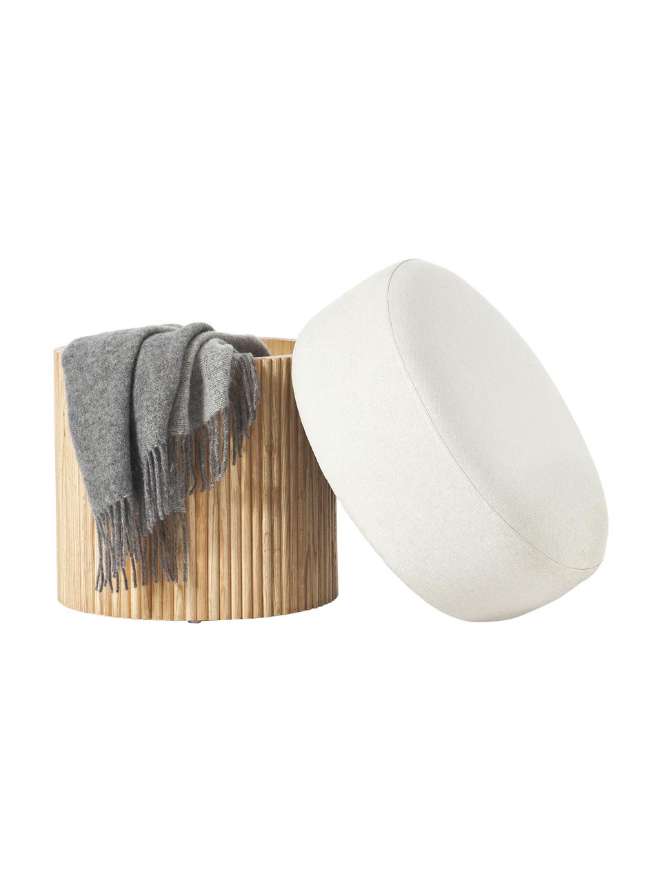 Pouf avec rangement Nala, Tissu blanc crème, bois clair, Ø 50 x haut. 44 cm