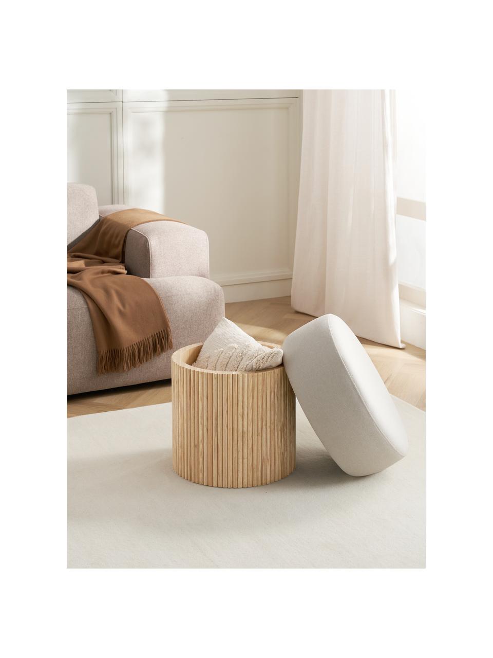 Pouf Nala mit Stauraum, Bezug: 100 % Polyester, Gestell: Holz, FSC-zertifiziert, Webstoff Cremeweiß, helles Holz, Ø 50 x H 44 cm