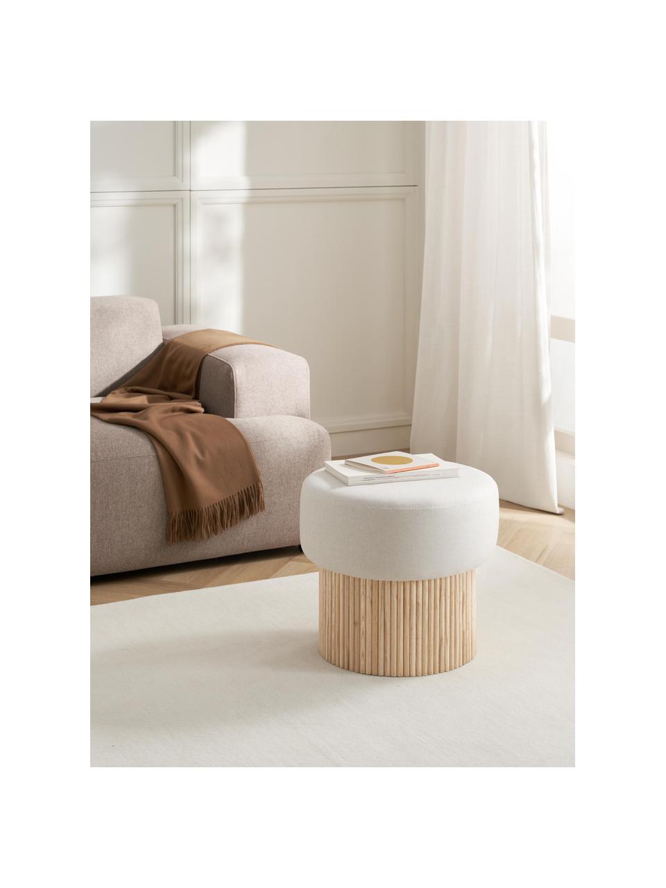 Pouf avec rangement Nala, Tissu blanc crème, bois clair, Ø 50 x haut. 44 cm