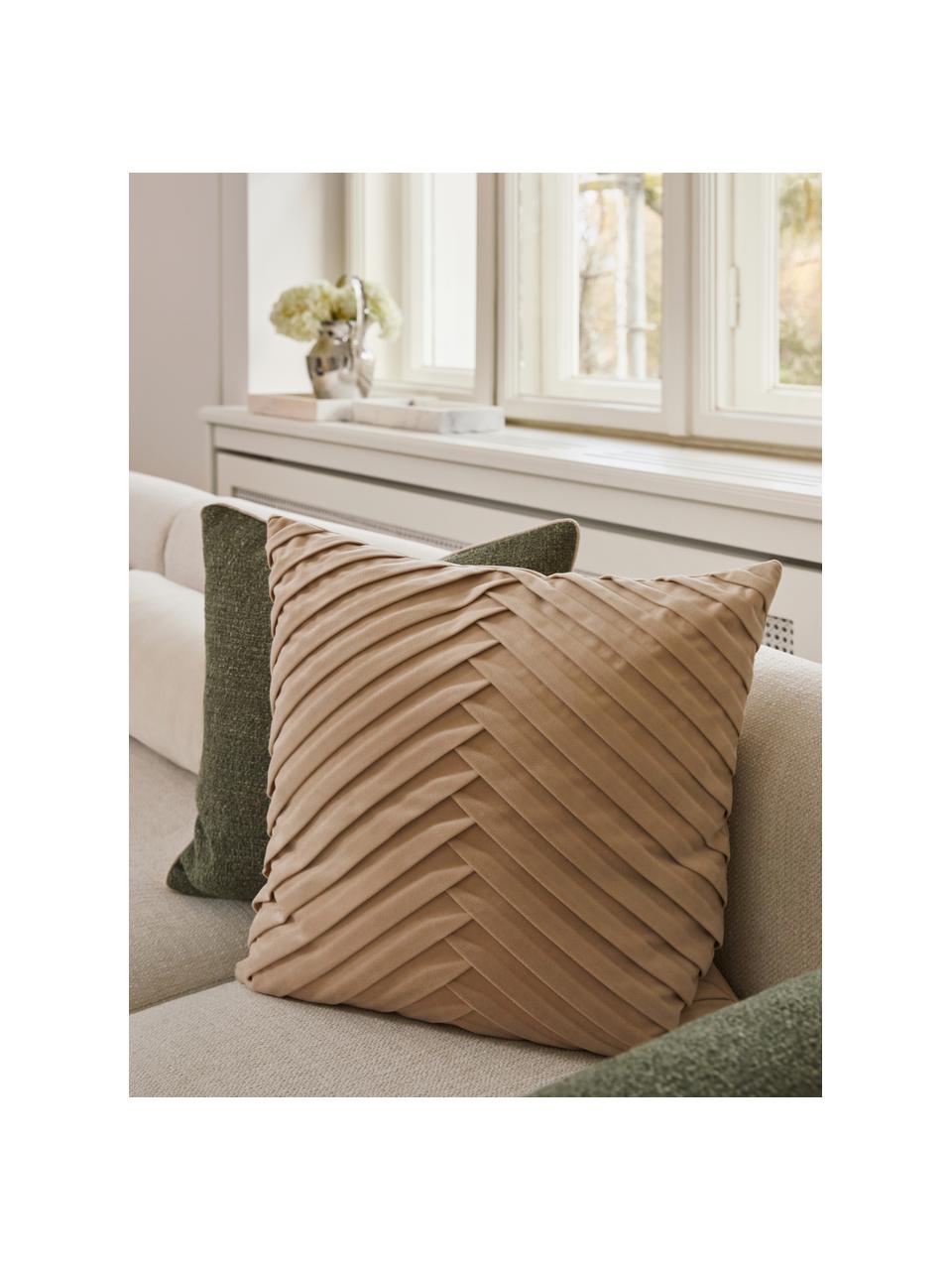 Housse de coussin en velours beigeLucie, 100 % velours de polyester, Beige, larg. 45 x long. 45 cm