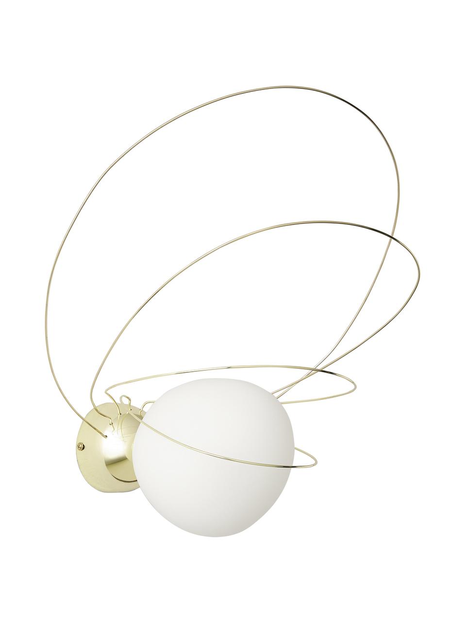 Wandlamp Dela, Lampenkap: opaalglas, Decoratie: verchroomd metaal, Wit, goudkleurig, B 28 x H 38 cm