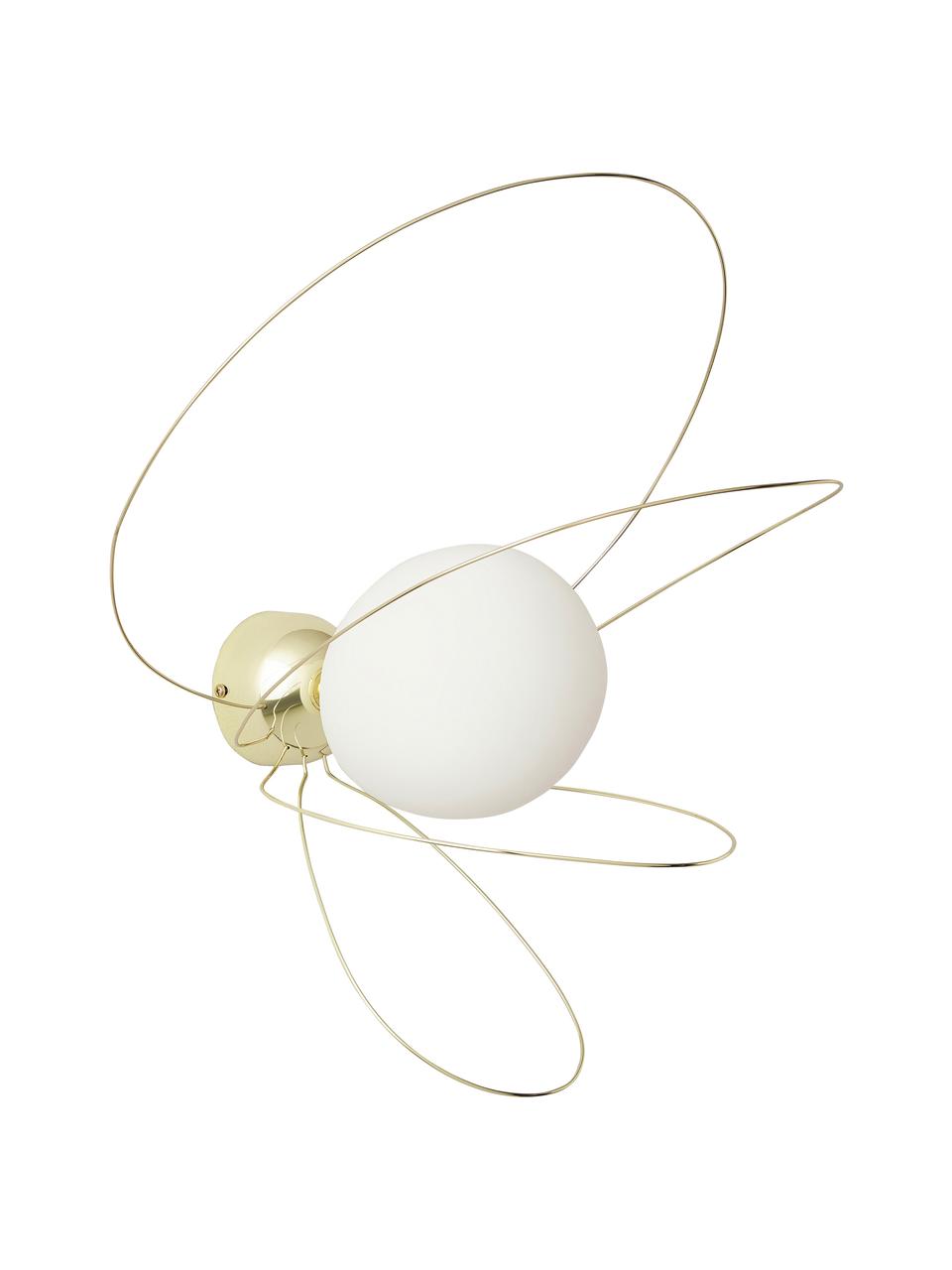 Wandlamp Dela, Lampenkap: opaalglas, Decoratie: verchroomd metaal, Wit, goudkleurig, B 28 x H 38 cm