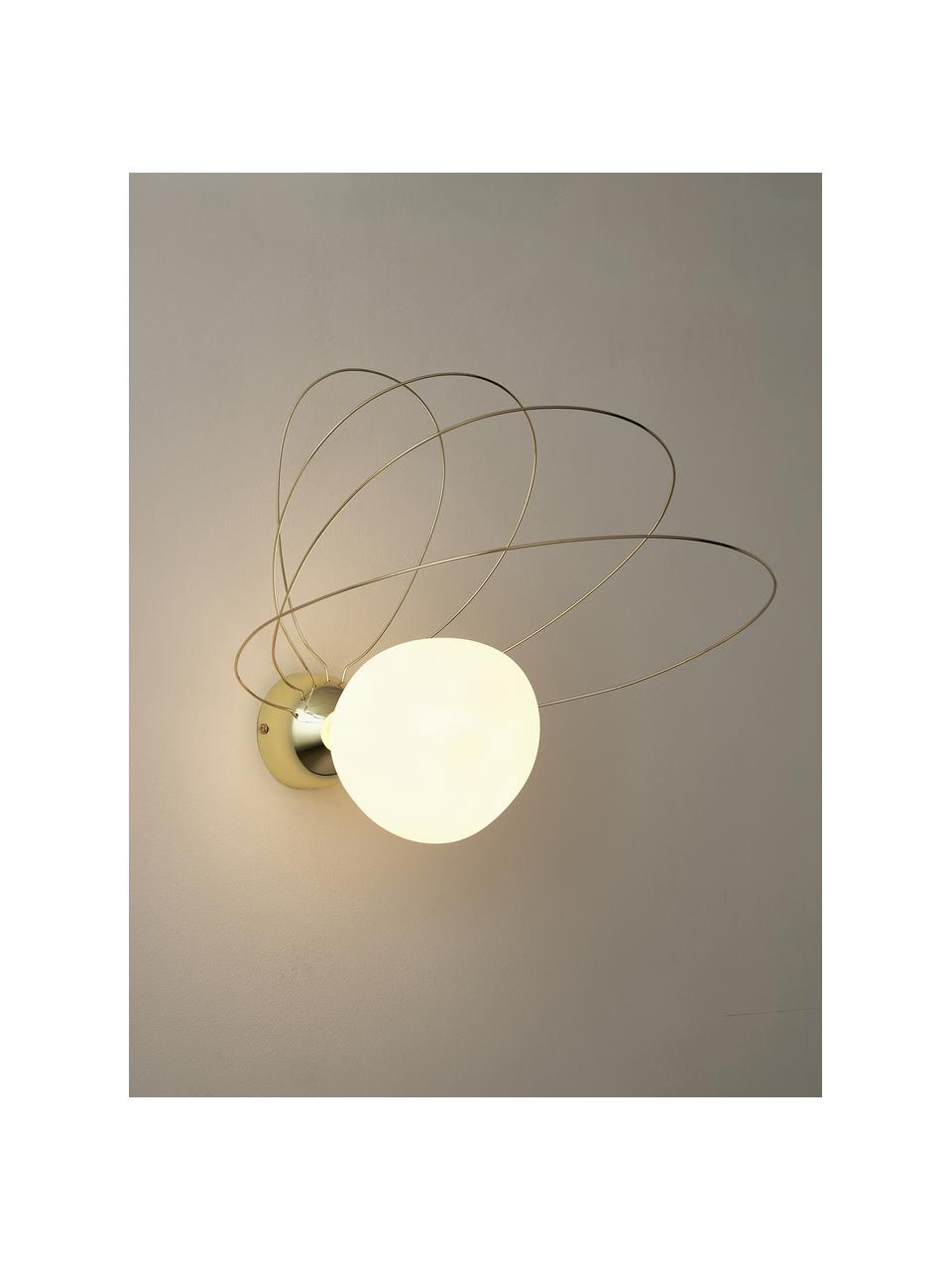 Wandlamp Dela, Lampenkap: opaalglas, Decoratie: verchroomd metaal, Wit, goudkleurig, B 28 x H 38 cm