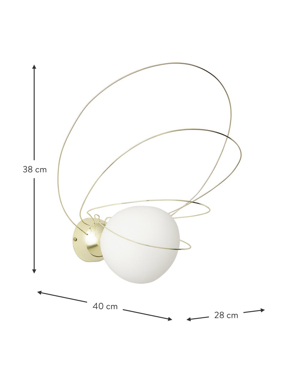 Wandlamp Dela, Lampenkap: opaalglas, Decoratie: verchroomd metaal, Wit, goudkleurig, B 28 x H 38 cm