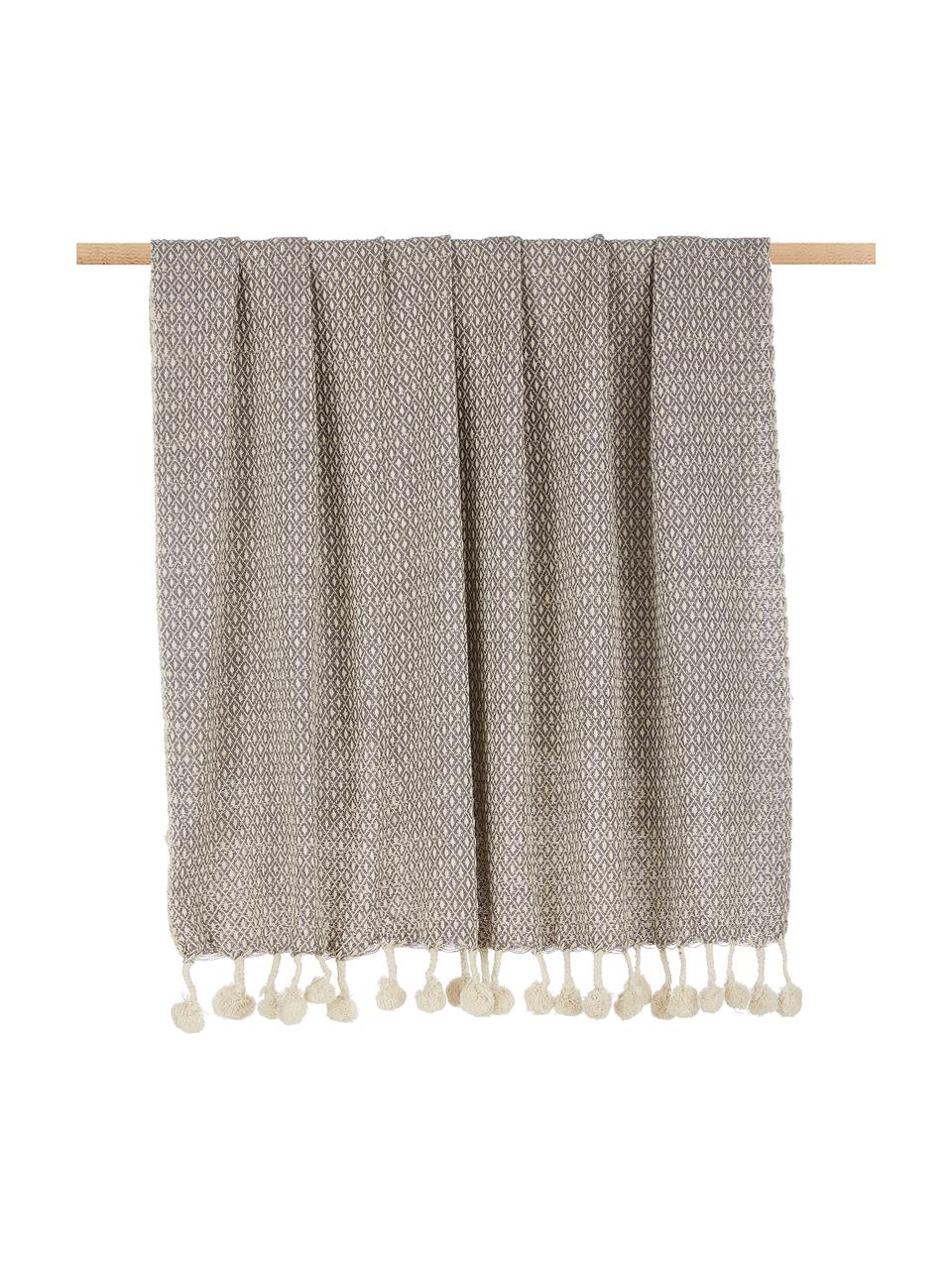 Manta con pompones Lilano, 100% algodón, Beige, gris, An 130 x L 150 cm