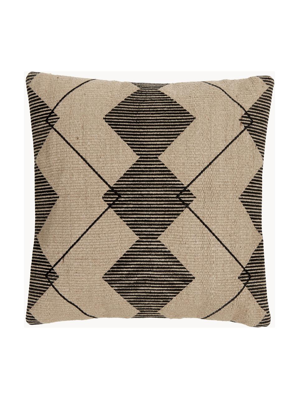 Gedessineerde jute kussenhoes Lubna met borduurwerk, Beige, zwart, B 40 x L 40 cm