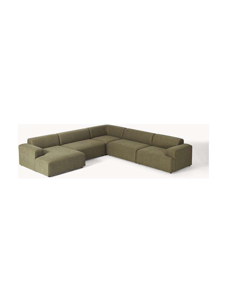 Divano ampio Melva, Rivestimento: 100% poliestere Con 115.0, Struttura: legno massiccio di pino e, Piedini: plastica Questo prodotto , Tessuto verde oliva, Larg. 339 x Prof. 339 cm, chaise-longue a destra