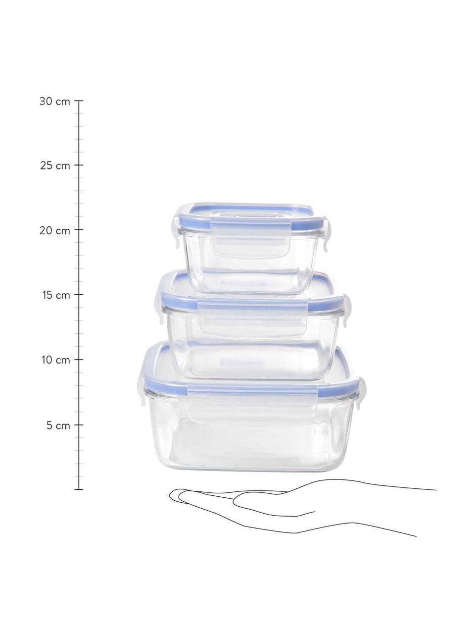 Opbergdozen Pure, set van 3, Doos: gehard glas, Deksel: kunststof, Transparant, blauw, Set met verschillende formaten
