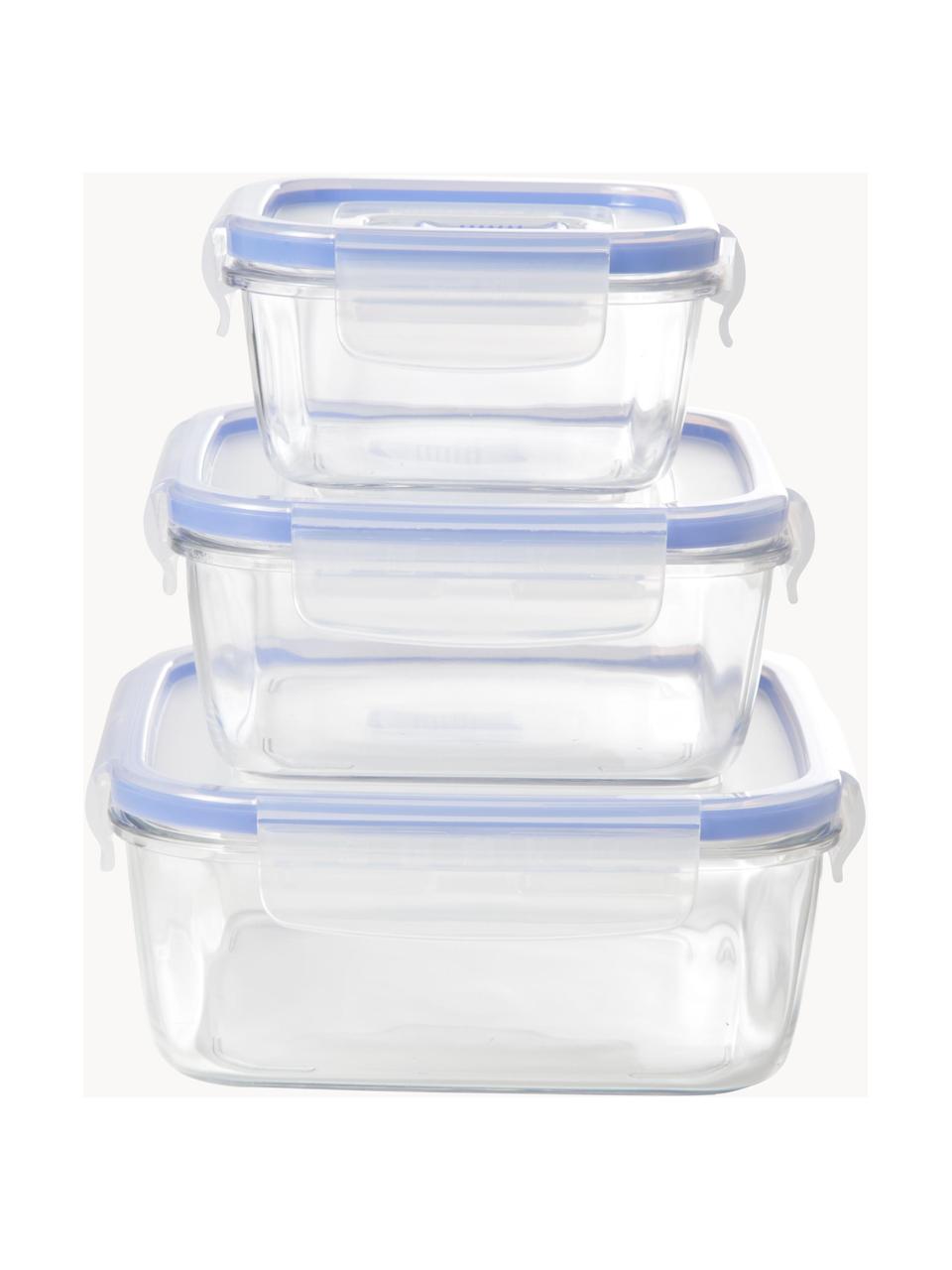 Aufbewahrungsboxen Pure, 3er-Set, Box: Gehärtetes Glas, Deckel: Kunststoff, Transparent, Hellblau, Set mit verschiedenen Grössen
