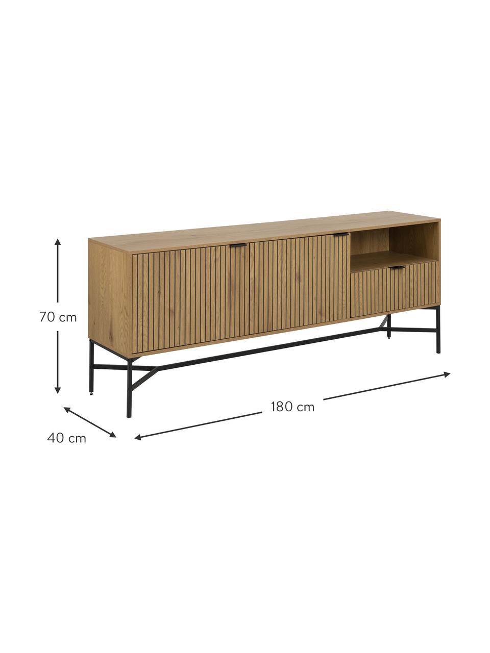 Houten dressoir Jaipur met geribbelde voorkant, Frame: MDF, met melamine gecoat, Poten: gepoedercoat metaal, Handvatten: gepoedercoat metaal, Hout, zwart, B 180 x H 70 cm